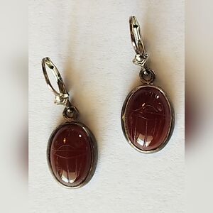 Vintage 925 Sterling Silver Scarab Earrings Carnelian Dangle Egyptian Revival
